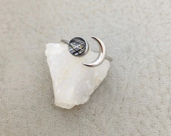 Baby Moon Whisker or Ash Adjustable Ring, White Gold Plated Sterling Silver, Whisker Jewelry