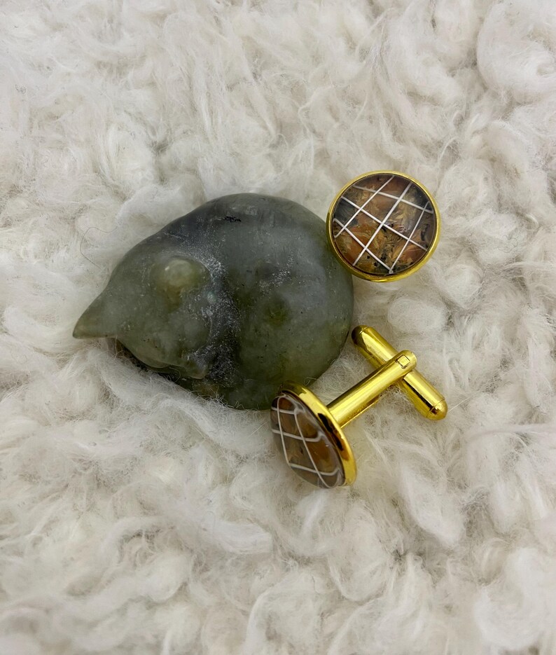 May include: Gold-toned cufflinks with a brown and white grid pattern. The cufflinks are round with a gold border and a T-bar closure. The background is a soft, white, fluffy material.