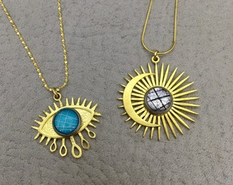 Raw Brass Sun and Eye Pendants, Whisker Jewelry