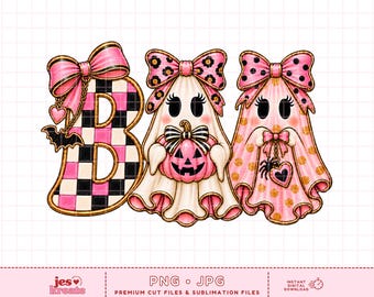 May include: A graphic design featuring the word BOO with a pink and black checkered letter B, two ghosts wearing pink bows, one holding a pink pumpkin, and the other adorned with a heart and spider charm, all set against a white grid background.