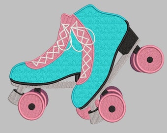 Könnte beinhalten: Ein Paar türkisfarbene Rollschuhe mit rosa Rollen und weißen Schnürsenkeln. Die Schuhe sind seitlich zu sehen, wobei der linke Schuh im Vordergrund und der rechte Schuh im Hintergrund ist.