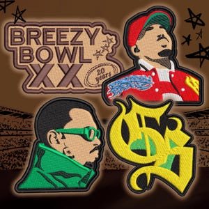 May include: Embroidered patches featuring cartoon portraits and text. One patch reads "Breezy Bowl XX 20 years" in brown and tan. Other patches include a man in a red jacket, a man in green glasses, and a yellow and green stylized logo.