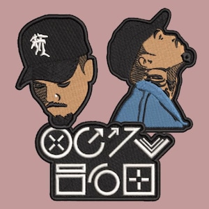 May include: Two black and white embroidered patches featuring cartoon portraits of men wearing baseball caps and the text "OC7Z" in white with black and white geometric shapes.