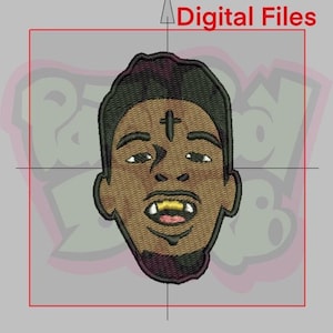 May include: An embroidered patch featuring a cartoon portrait of a person with a cross on their forehead, gold teeth, and a black and green hairstyle.