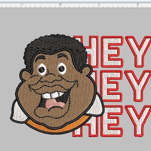 May include: Embroidered patch featuring a cartoon character with a big smile and the text "HEY HEY HEY" in red with white outlines.