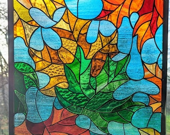 Stained glass autumn leaves window panel, suncatcher.