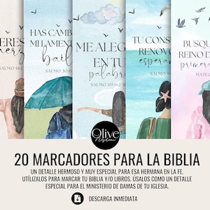 Może przedstawiać: Zestaw 20 akwarelowych zakładek do książek z inspirującymi cytatami i wersetami biblijnymi. Każda zakładka ma inny wzór z ilustracjami ludzi, ptaków i scen z natury. Tekst zawiera zwroty takie jak "Tu Eres Fuerza" i "Busquen el Reino de Dios".