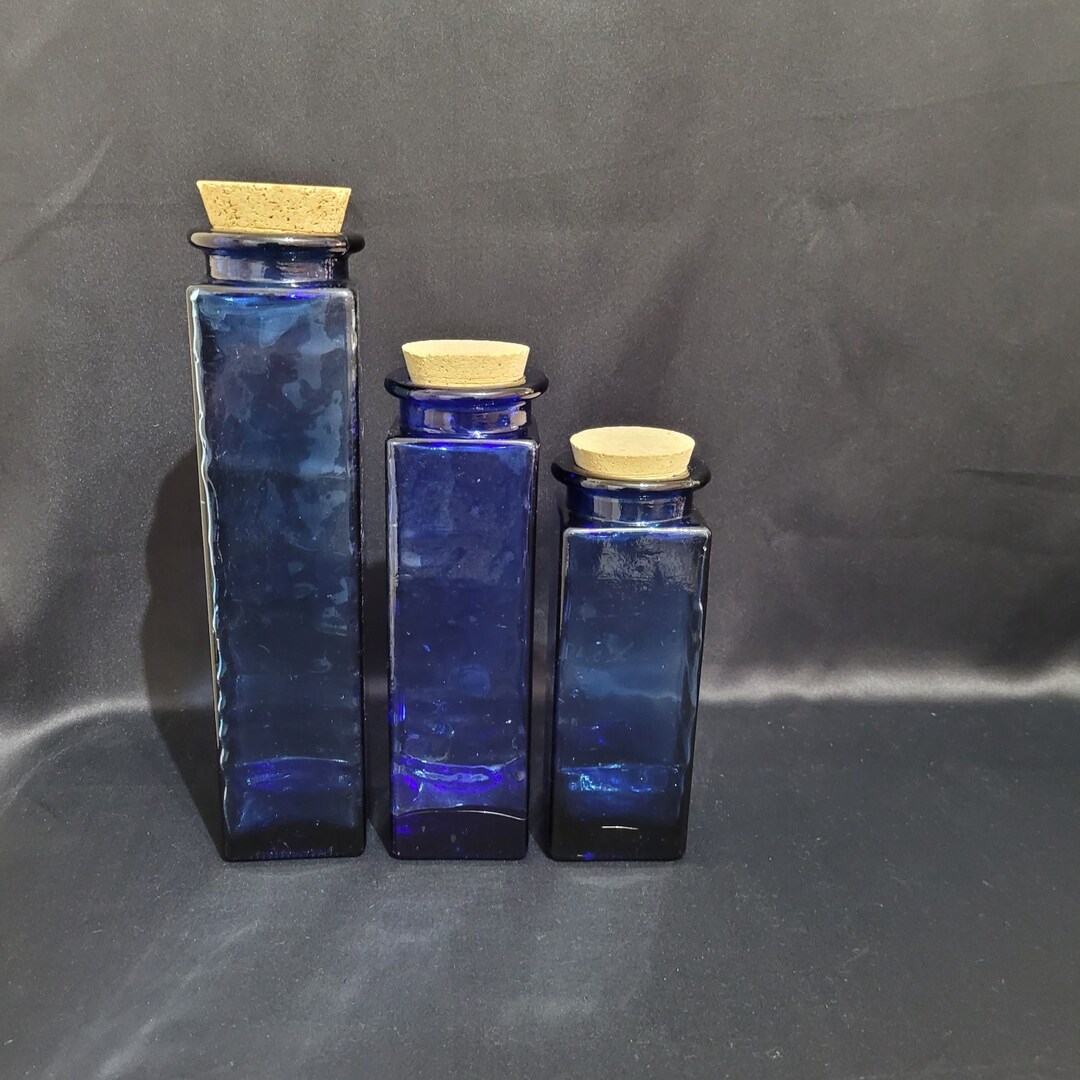 Set of 3 Cobalt Blue Kitchen Canisters With Cork Lids/kitchen Etsy