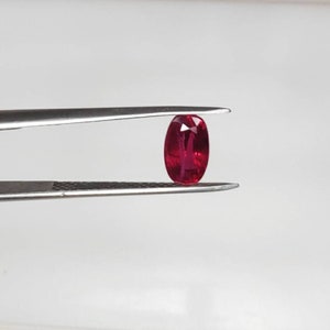 Pode incluir: Um rubi ovalado de cor vermelha intensa, segurado por uma pinça. A gema é exibida sobre um fundo branco. A pinça permite uma visão de perto das facetas do rubi, mostrando sua cor e forma.