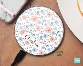 Boho Flower Personalized Wireless Charging Pad Custom Name Wireless Charger Personalized Decor Electronic Gadgets iPhone Samsung Charger Pad