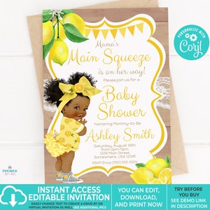 Editable Instant Access/Download Main Squeeze Lemon Baby Shower Invitation Brown Tone w/Afro Puffs-BS091