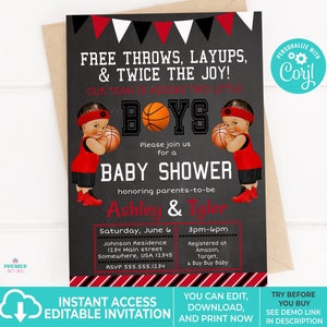 Editable Instant Access/Download Red, Black, & White Basketball Twin Baby Shower Invitation-BS187