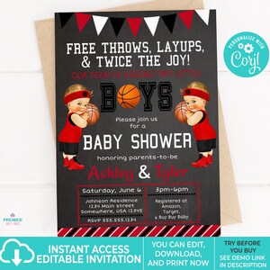 Editable Instant Access/Download Red, Black, & White Basketball Twin Baby Shower Invitation-BS185