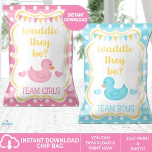 Instant Download Twin Reveal Waddle Baby Be Rubber Ducky Twin Gender Reveal Chip Bag-GR033
