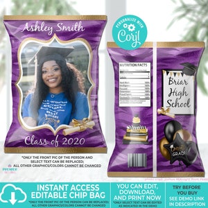 Editable Instant Access/Download Dark Purple & Gold (Colors Cannot Be Changed) Graduation Chip Bag-GRAD015