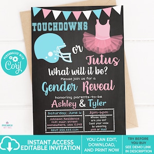 Bearbeitbare Sofortzugang / Download Touchdowns oder Tutus Gender Reveal Einladung-GR038