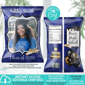 Editable Instant Access/Download Navy Blue (Colors Cannot Be Changed) Graduation Chip Bag-GRAD026