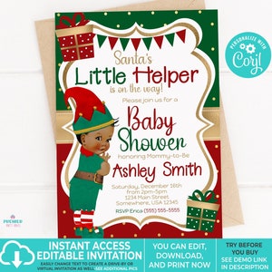 Editable Instant Access/Download Santa&#39;s Little Helper Winter/Christmas Boy Baby Shower Invitation Brown Tone-BS158