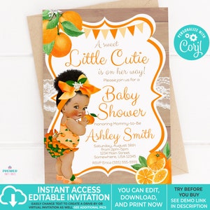Editable Instant Access/Download Little Cutie Orange Baby Shower Invitation Brown Tone w/Puff Pony-BS090