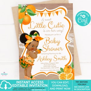 Editable Instant Access/Download Little Cutie Orange Baby Shower Invitation Brown Tone w/Afro Puffs-BS086