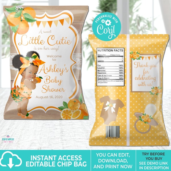 Editable Instant Access/Download Little Cutie Orange Chip Bag Brown Tone w/Afro Puffs-BS086