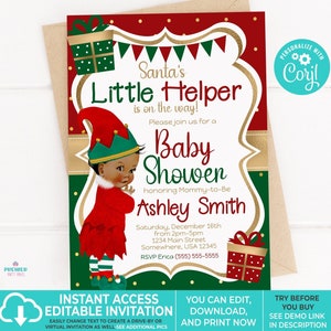 Editable Instant Access/Download Santa&#39;s Little Helper Winter/Christmas Girl Baby Shower Invitation Brown Tone-BS167