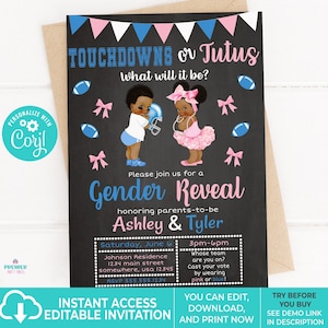Bearbeitbare Sofortzugang / Download Touchdowns oder Tutus Gender Reveal Einladung Brown Tone-GR039