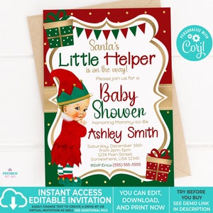 Editable Instant Access/Download Santa&#39;s Little Helper Winter/Christmas Girl Baby Shower Invitation Light Tone Blond-BS161