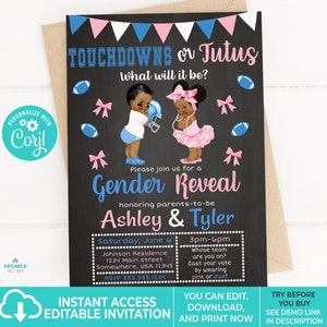 Editable Instant Access/Download Touchdowns or Tutus Gender Reveal Invitation Brown Tone-GR042