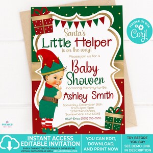 Editable Instant Access/Download Santa&#39;s Little Helper Winter/Christmas Boy Baby Shower Invitation Light Tone Brown Hair-BS162