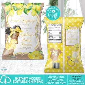 Editable Instant Access/Download Main Squeeze Lemon Baby Shower Chip Bag Brown Tone w/Afro Puffs-BS091