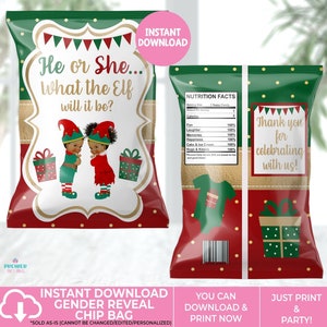 Può includere: Un design di sacchetto di patatine fritte stampabile per una festa di rivelazione del sesso. La parte anteriore del sacchetto presenta una coppia di elfi dei cartoni animati con il testo "He or She... what the Elf will it be?" La parte posteriore del sacchetto ha un'etichetta di informazioni nutrizionali con il testo "Thank you for celebrating with us!"