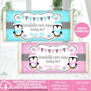 Instant Download Waddle Baby Be Christmas/Winter Gender Reveal Candy Bar Wrapper Version 1 Team He/She-GR009