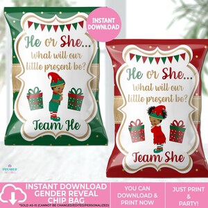 Può includere: Due sacchetti di patatine per la rivelazione del sesso. Uno è verde con rifiniture dorate, l'altro è rosso con rifiniture dorate. Ogni sacchetto riporta la scritta "He or She... What will our little present be?" e un elfo dei cartoni animati. Il sacchetto verde dice "Team He" e quello rosso "Team She".