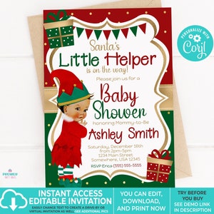 Editable Instant Access/Download Santa&#39;s Little Helper Winter/Christmas Girl Baby Shower Invitation Medium Tone-BS165