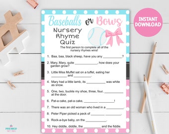 Instant Download Baseballs or Bows Nursery Rhyme Quiz Gender Reveal Game-GR019