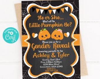 Editable Instant Access/Download Halloween Little Pumpkin Gender Reveal Invitation-GR004