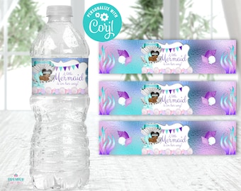 Editable Instant Access/Download Mermaid Baby Shower Water Bottle Label Brown Tone-BS064