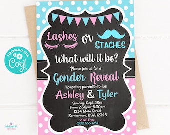 Editable Instant Access/Download Lashes or Staches Gender Reveal Invitation Version 2-GR010