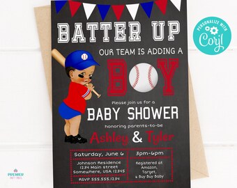 Editable Instant Access/Download Red, Blue, & White Baseball Baby Shower Invitation Medium Tone-BS199