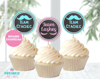 Gender Reveal Party Lashes or staches cupcake Gender Reveal Cupcake Toppers baby shower cupcake Gender Reveal Decor