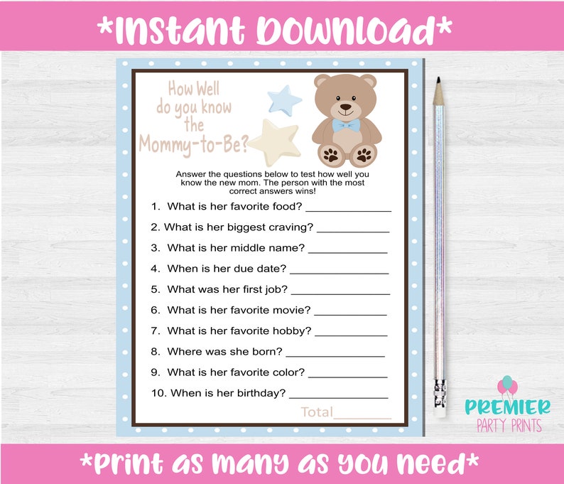 Printable Diy Instant Teddy Bear Baby Shower Game Mommy To Be Bs018
