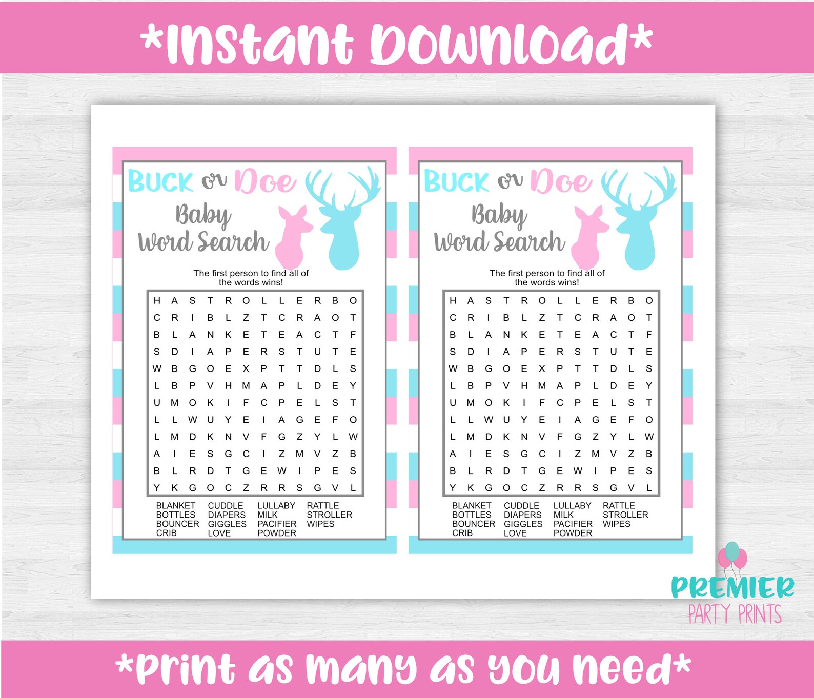 instant download buck or doe baby word search gender reveal etsy