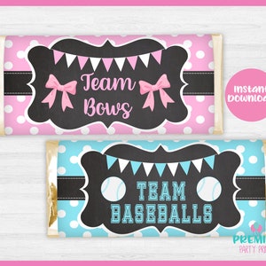 May include: Two printable chocolate bar wrappers for a gender reveal party. The pink wrapper has white polka dots and says "Team Bows". The blue wrapper has white polka dots and says "Team Baseballs".