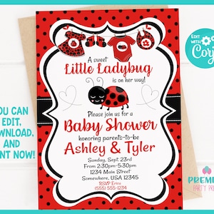 Editable Instant Access/Download Little Ladybug Baby Shower Invitation Version 1-BS062