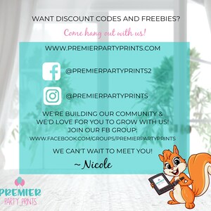 May include: A teal blue graphic with white text that says "WANT DISCOUNT CODES AND FREEBIES? Come hang out with us! WWW.PREMIERPARTYPRINTS.COM @PREMIERPARTYPRINTS2 @PREMIERPARTYPRINTS WE'RE BUILDING OUR COMMUNITY & WE'D LOVE FOR YOU TO GROW WITH US! JOIN OUR FB GROUP: WWW.FACEBOOK.COM/GROUPS/PREMIERPARTYPRINTS WE CAN'T WAIT TO MEET YOU! ~Nicole PREMIER PARTY PRINTS"  A cartoon squirrel is holding a tablet with the word "PREMIER" on it.