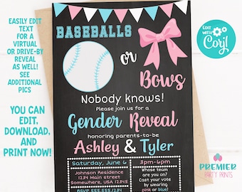 Editable Instant Access/Download Baseball or Bows Gender Reveal Invitation Version 1-GR019