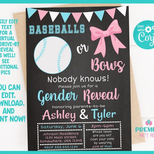 Editable Baseball or Bows Gender Reveal Invitation Invite Etsy