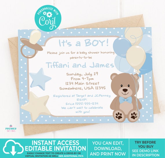 Editable Instant Download Teddy Bear Baby Shower - Etsy