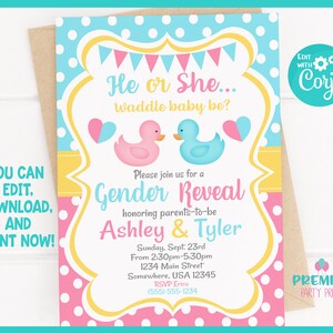 Bearbeitbare Sofort-Zugriff / Download Waddle Baby Be Rubber Ducky Gender Reveal Einladung-GR008